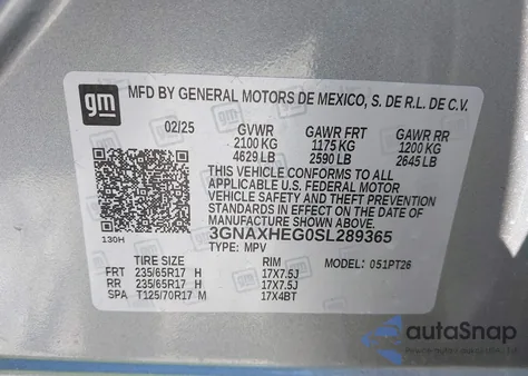 2025 Chevrolet Equinox Fwd Lt from USA, damaged, VIN 3GNAXHEG0SL289365